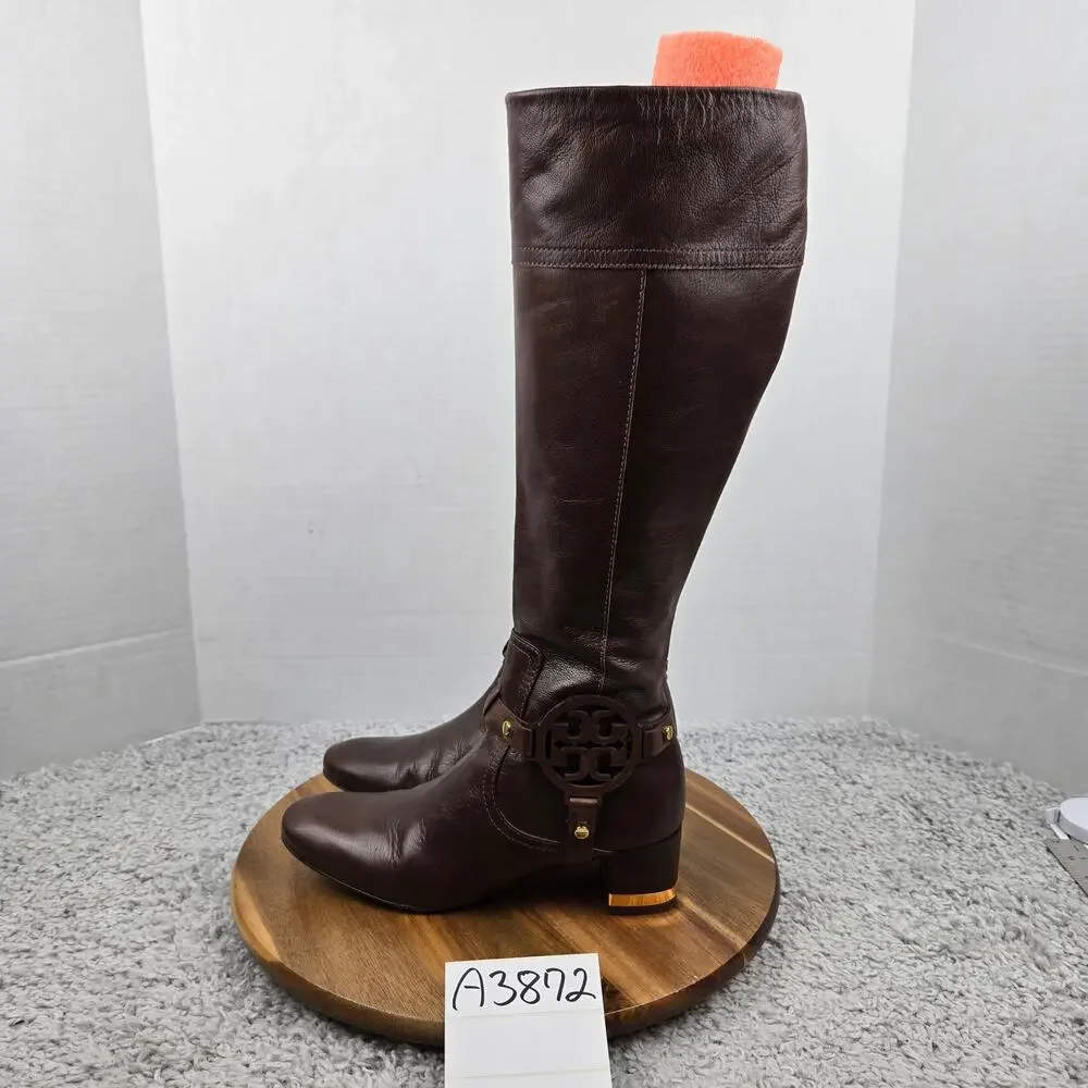 Tory Burch Womens 6.5M Brown Side Logo Gold Hardware Equestrian Riding Boot Heel